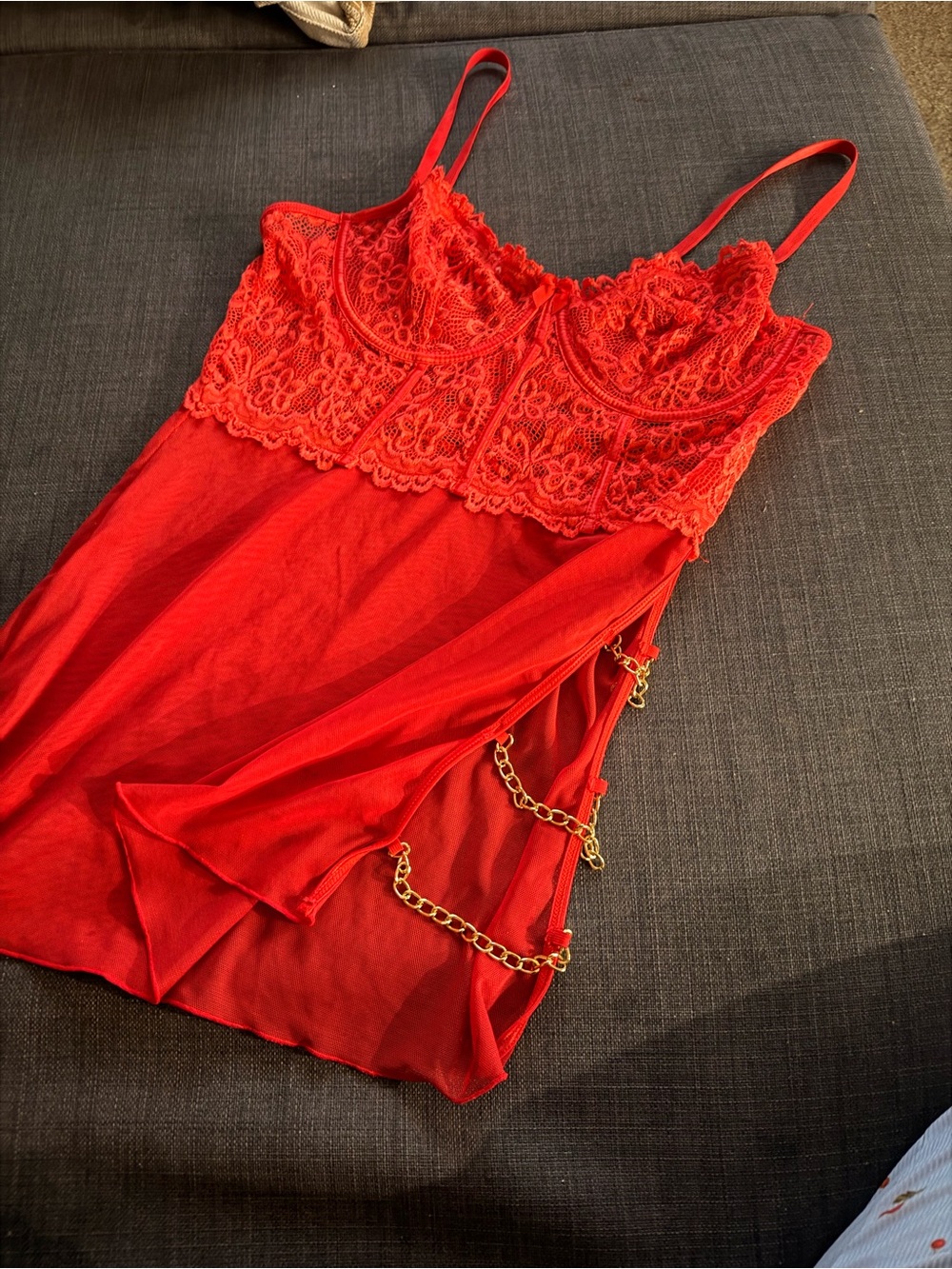 & Other Stories Red Lace Chemise with Gold Chain Accents